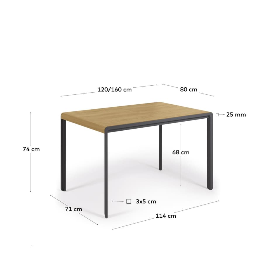 Table extensible Nadyria en contreplaqué de chêne et pieds en acier noir 120 (160) x 80 cm
