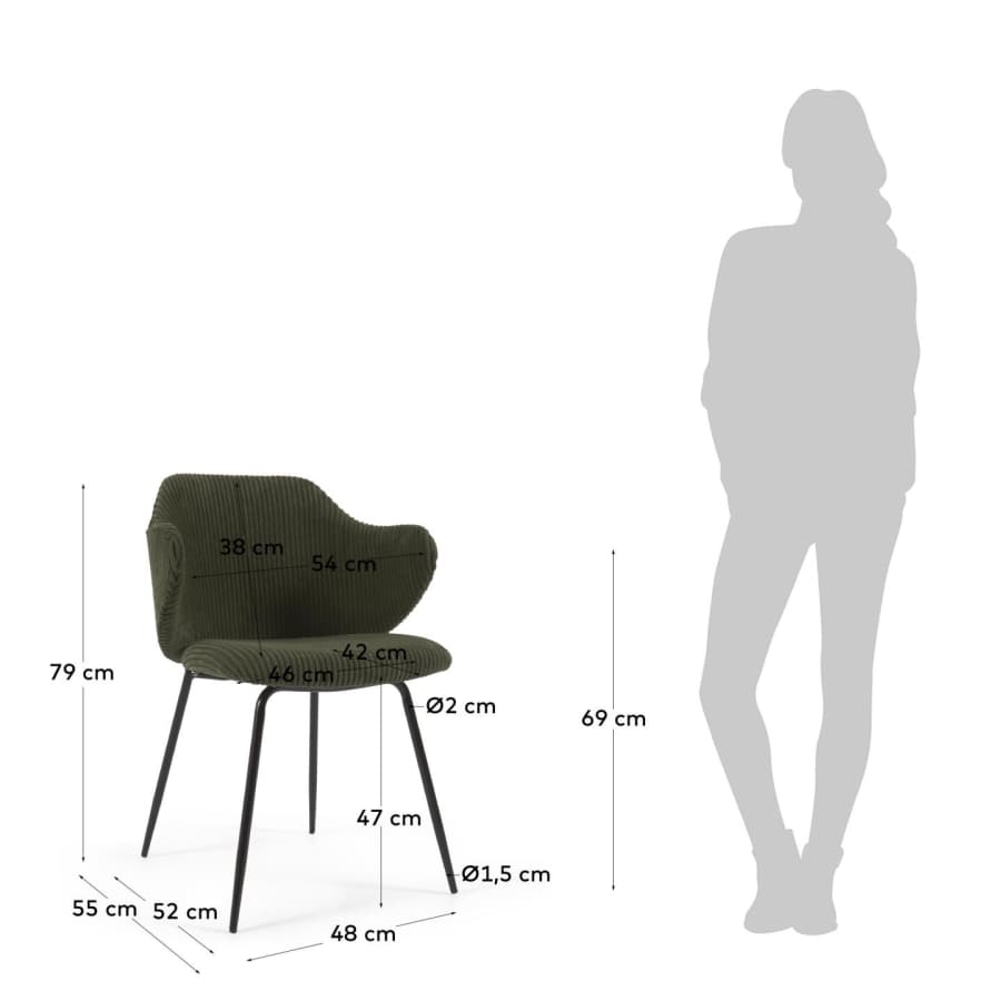 Chaise Suanne velours à grosses côtes vert foncé avec pieds en acier peint noir