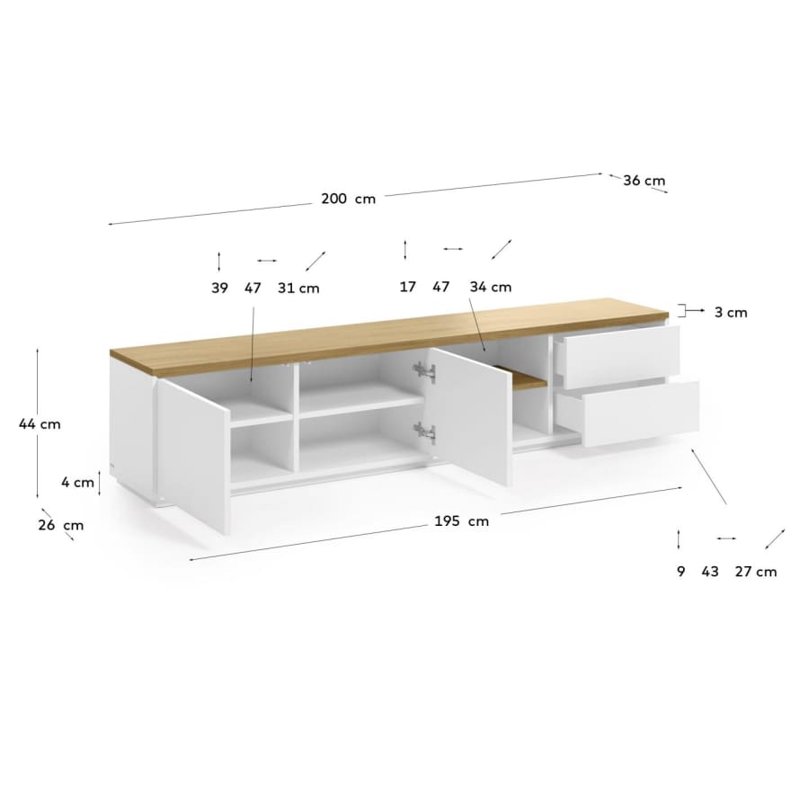Abilen oak wood veneer TV stand with 2 doora and 2 drawers in white lacquer, 200 x 44 cm FSC 100%