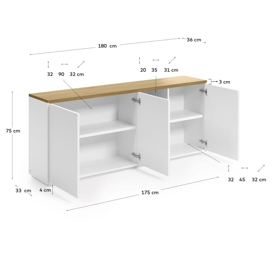 Abilen oak wood veneer 3 door sideboard with white lacquer, 180 x 75 cm FSC 100%