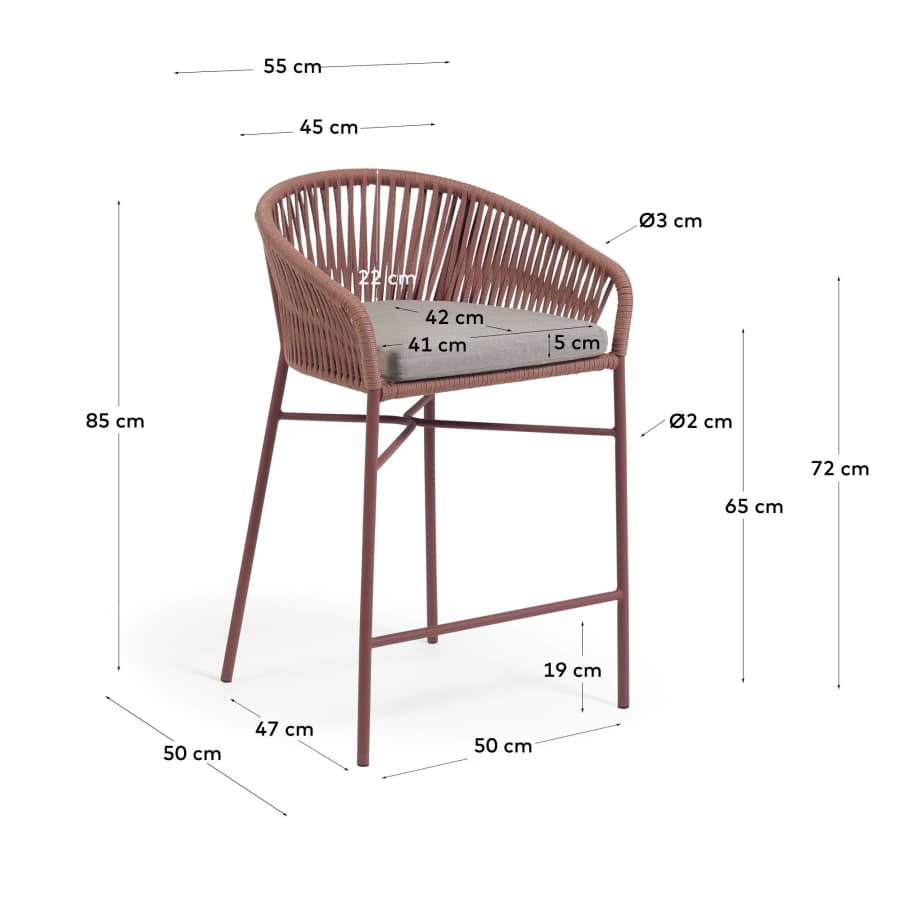 Yanet stool made from terracotta cord and galvanised steel, height 65 cm