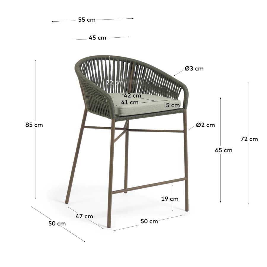Yanet stool made from green cord and galvanised steel, height 65 cm