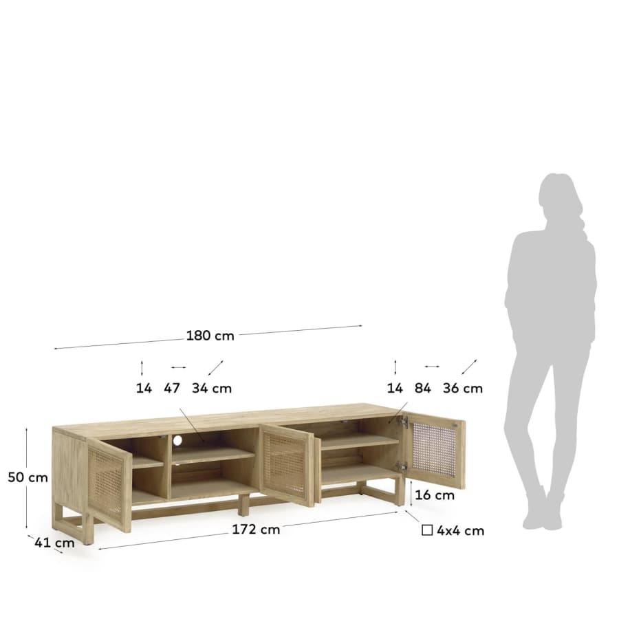 Meuble TV Rexit 3 portes en bois et placage de Mindy et rotin 180 x 50 cm