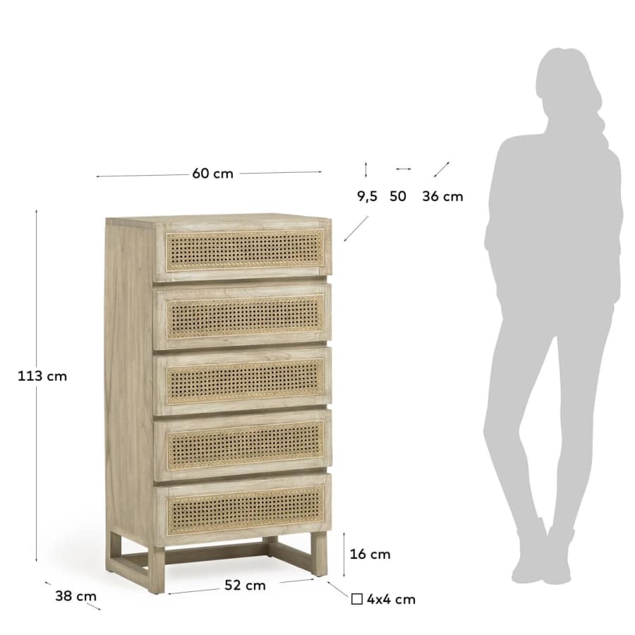 Rexit solid mindi wood and veneer chest of 5 drawers with rattan 60 x 113 cm