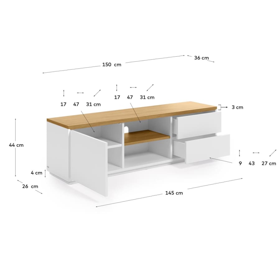 Meuble TV Abilen 1 porte et 2 tiroirs placage de chêne et laqué blanc 150 x 44 cm FSC 100%