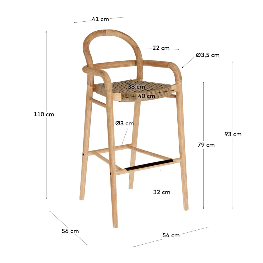 Sheryl stool made from solid eucalyptus and beige cord 79 cm FSC 100%