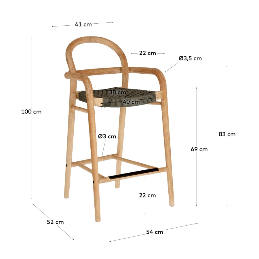 Sheryl stool made from solid eucalyptus and green cord 69 cm FSC 100%