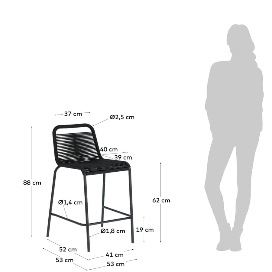 Lambton stackable stool in black rope and black finish steel, 62 cm