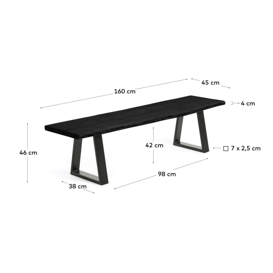 Alaia bench in solid black acacia wood with black steel legs, 160 cm