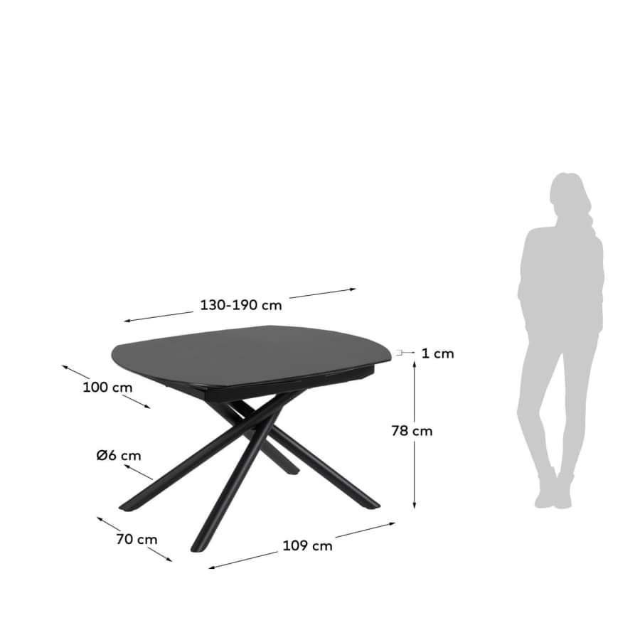 Yodalia extendable glass table with steel legs with black finish 130 (190) x 100 cm
