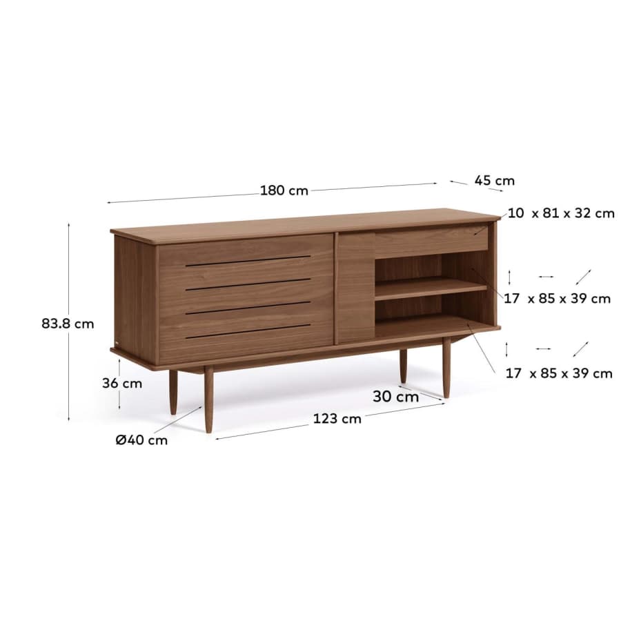 Carolin walnut wood veneer sideboard with 2 doors and 1 drawer, 180 x 83.8 cm