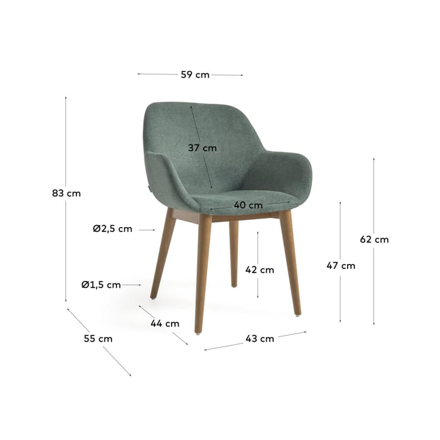 Konna chair in green with solid ash wood legs in a dark finish