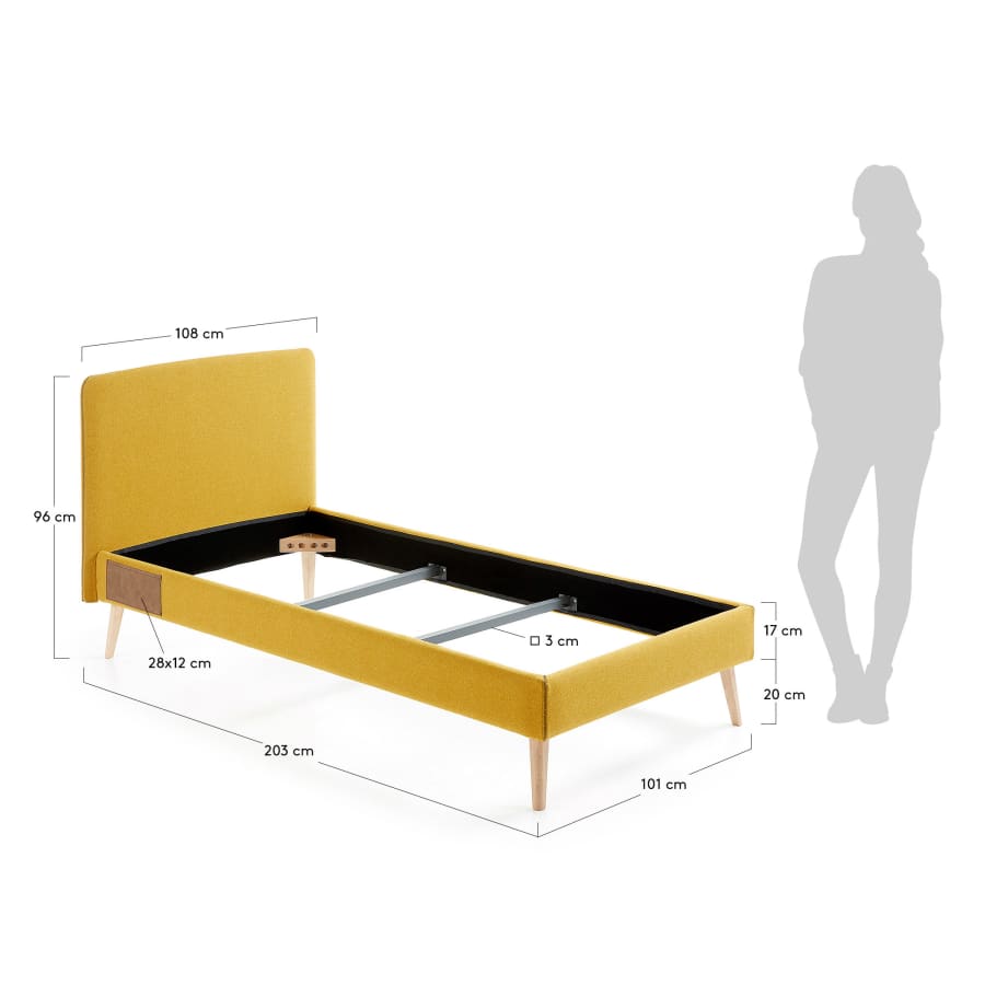 Lit déhoussable Dyla jaune moutarde avec pieds en bois de hêtre pour matelas de 90 x 190 cm