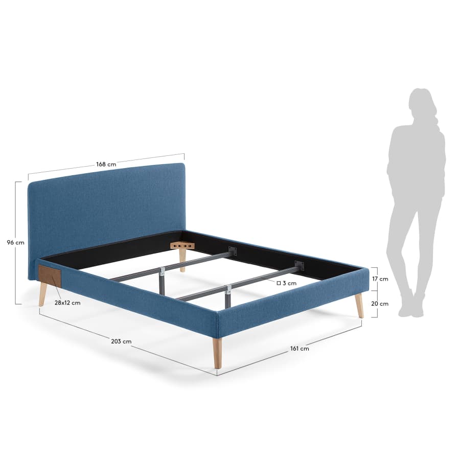 Dyla bed with removable cover in dark blue, with solid beech wood legs for a 150 x 190 cm mattress