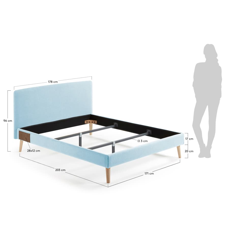 Dyla bed with removable cover in light blue, with solid beech wood legs for a 150 x 190 cm mattress
