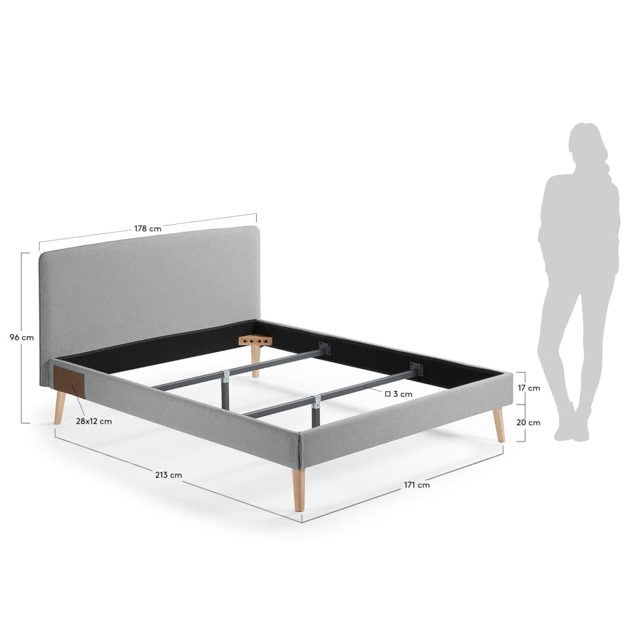 Lit déhoussable Dyla gris avec pieds en bois de hêtre pour matelas de 160 x 200 cm