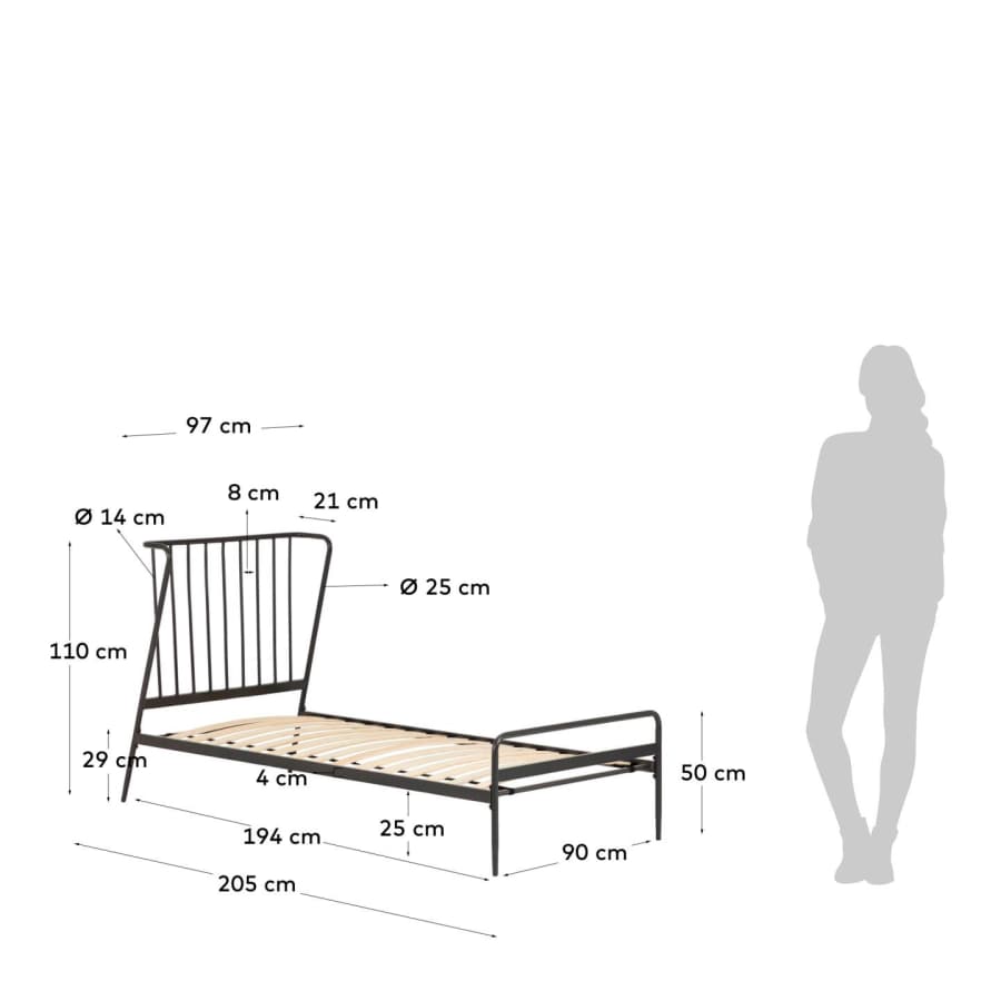 Narlu metal bed with a black painted finish for a 90 x 190 cm mattress