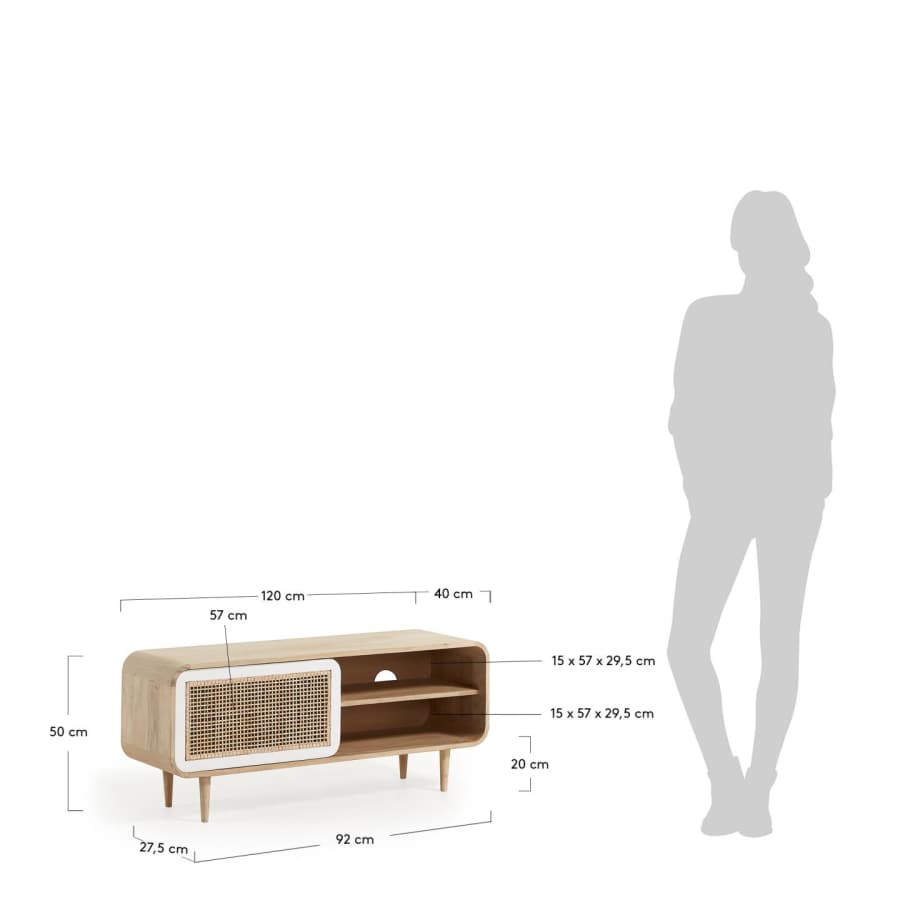 Georg solid mango wood single door TV stand with cane, 120 x 50 cm