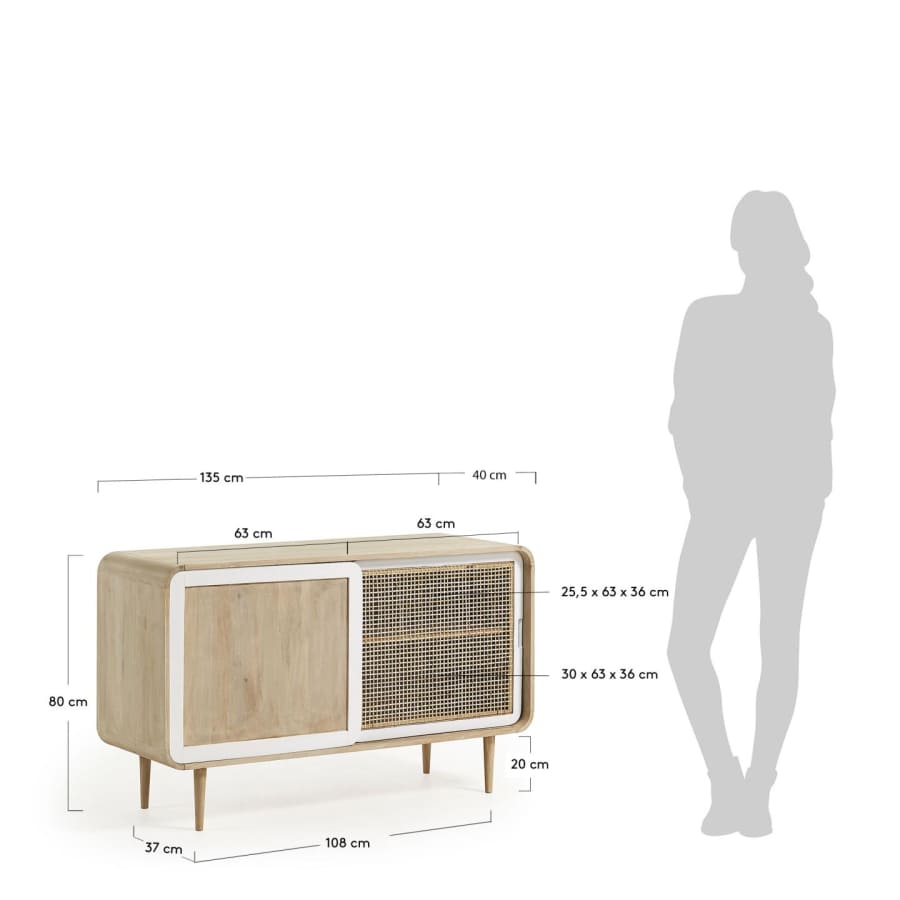 Georg massief mangohouten 2-deurs dressoir met riet, 135 x 80 cm