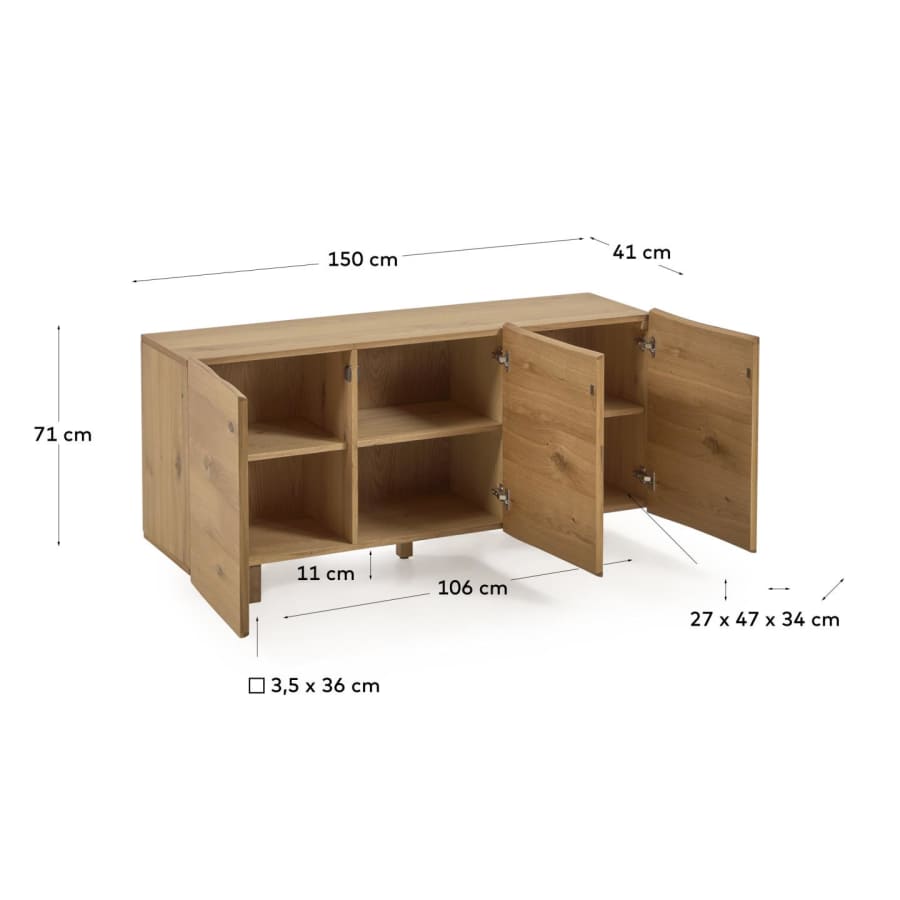 Credenza Rasha 3 ante impiallacciata rovere finitura naturale 150 x 71 cm