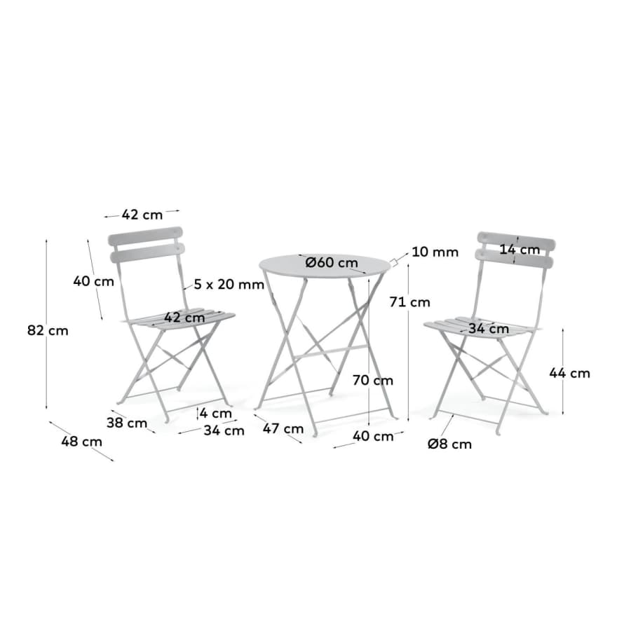 Beryl outdoor set of table and 2 folding chairs in light grey metal