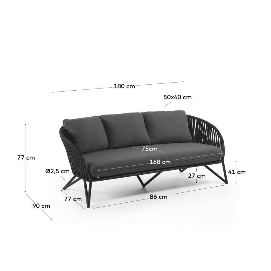 3 seater Branzie sofa in black cord, 180 cm