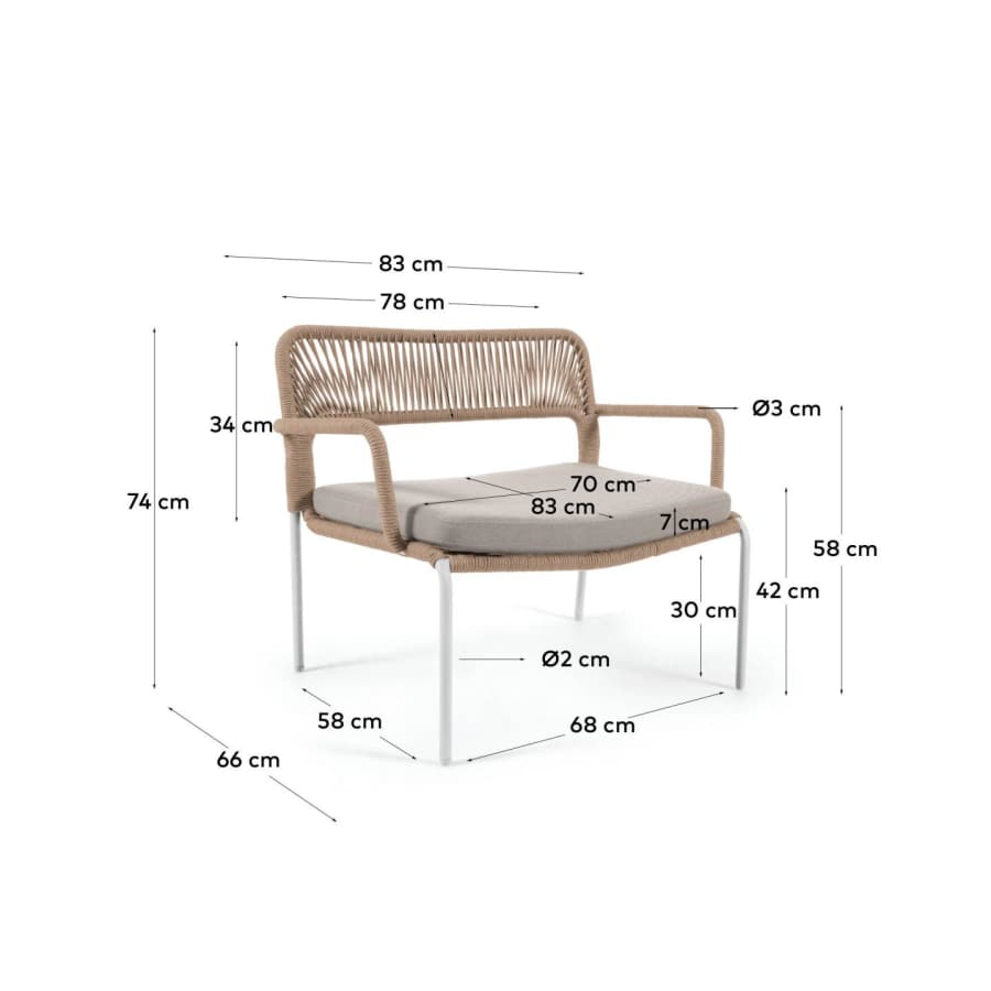 Fauteuil Cailin en corde beige et pieds en acier galvanisé peint en blanc