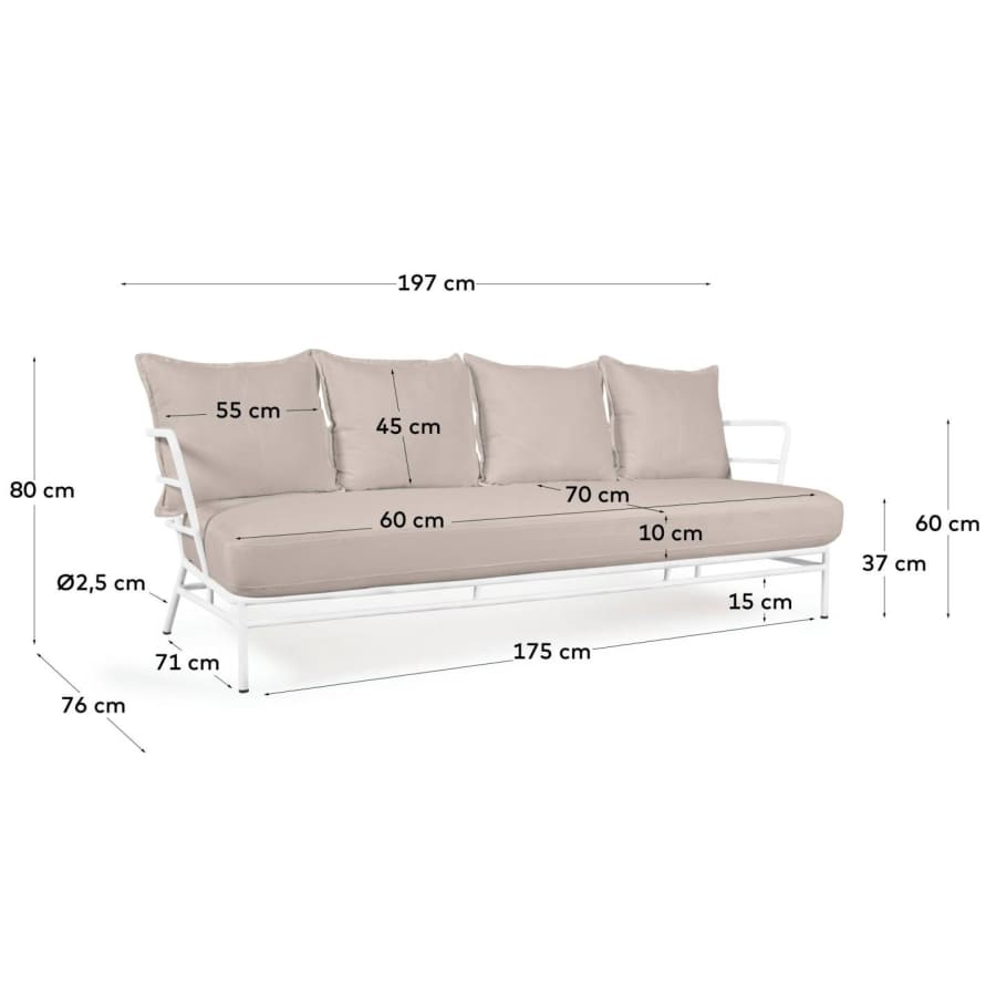 Mareluz 3 seater sofa in white steel, 197 cm