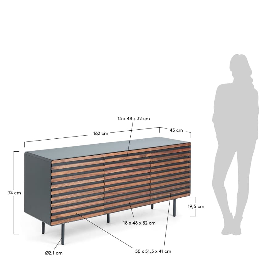 Kesia 2-deurs dressoir in notenhoutfineer met zwarte lak & zwart staal, 162 x 74 cm
