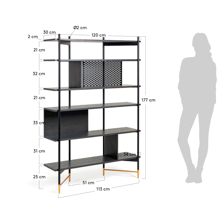 Milian shelving unit with ash wood veneer in a black finish, 120 x 170 cm