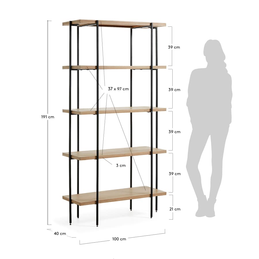Palmia shelving unit in solid mango wood and metal black finish 100 x 191 cm