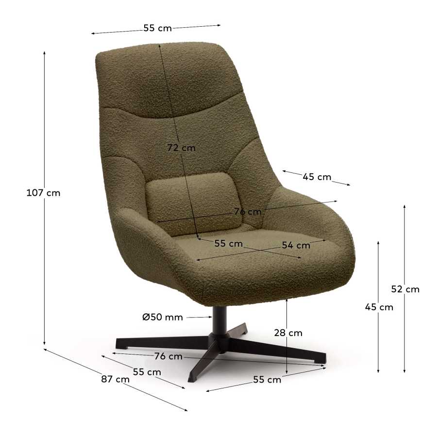 Poltrona girevole Celida di tessuto bouclé verde scuro e acciaio con finitura nera FSC 100%