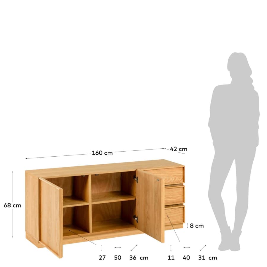 Taiana 2 door 3 drawer sideboard in oak veneer, 160 x 68 cm