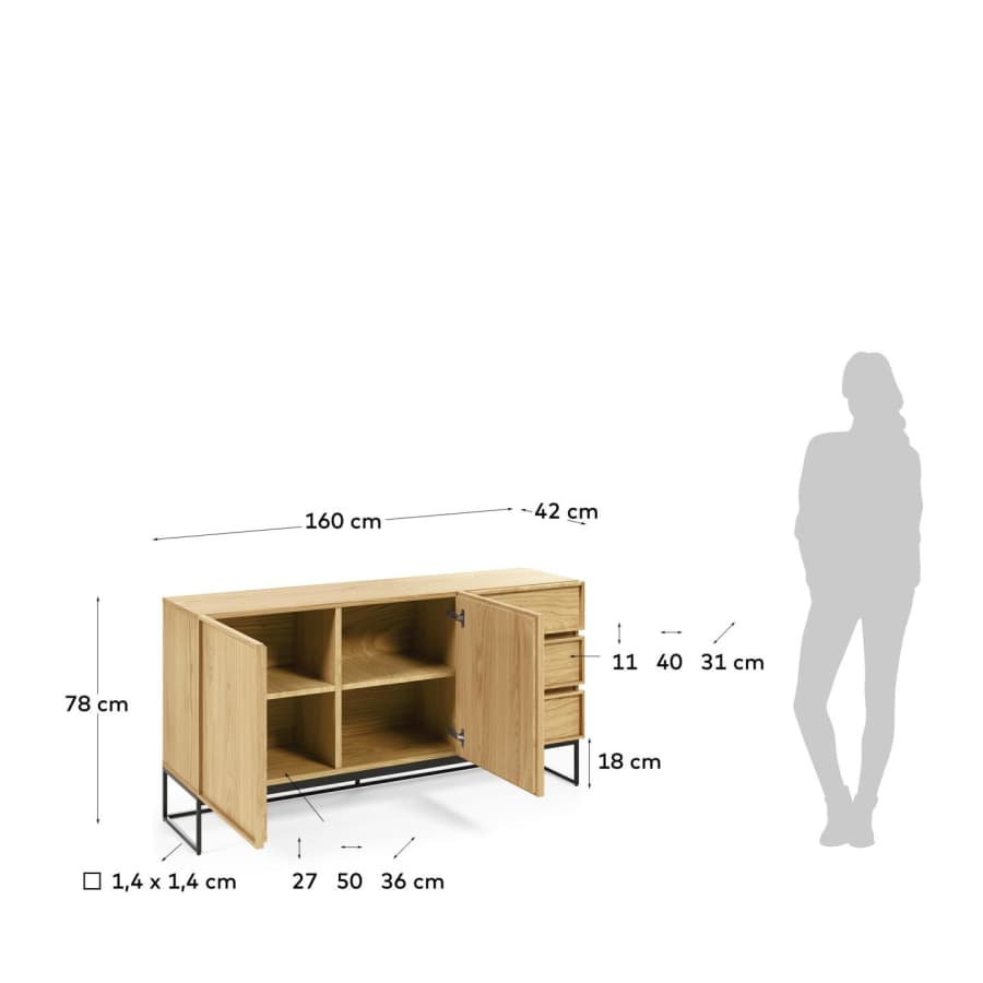 Taiana 2 door 3 drawer sideboard in oak veneer with black steel structure, 160 x 78 cm