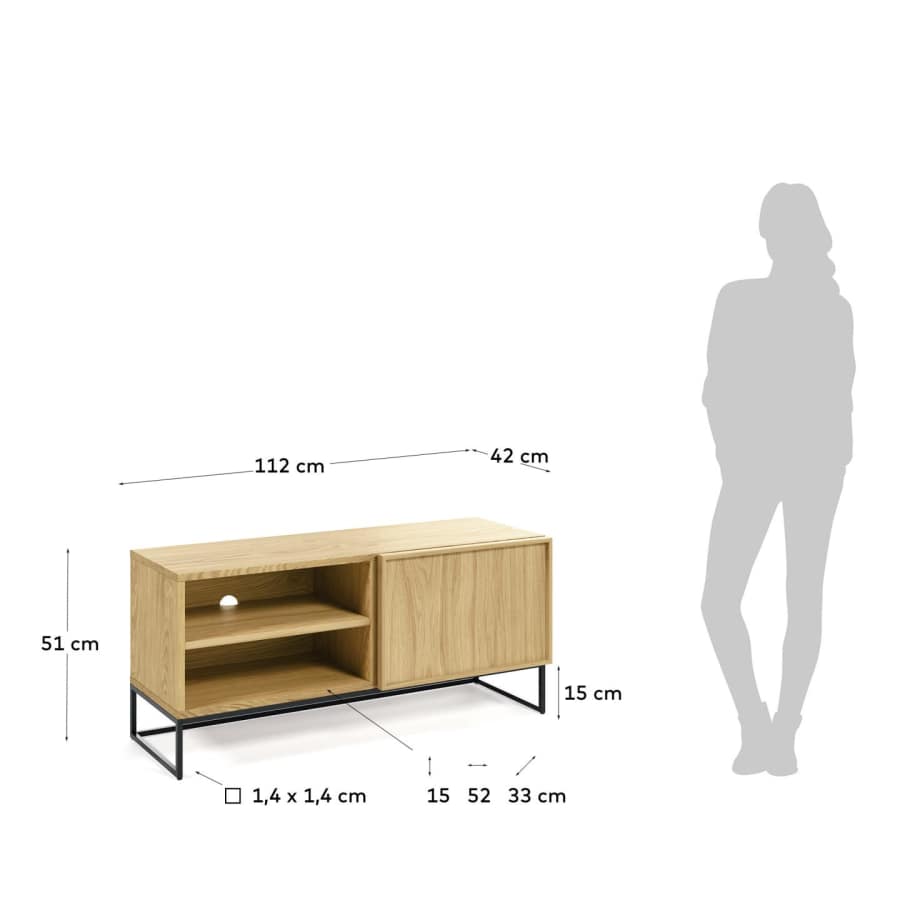 Taiana single door TV stand with oak veneer and steel frame in black finish, 112 x 51 cm