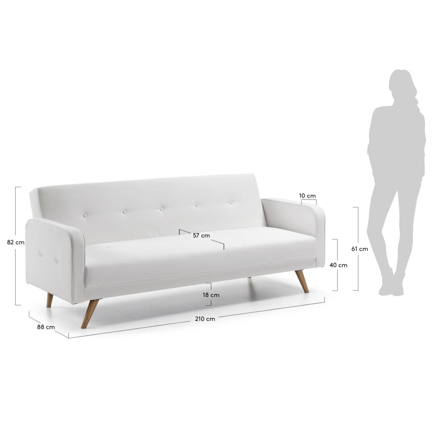 Roger 3 seater sofa bed in white synthetic leather, 210cm