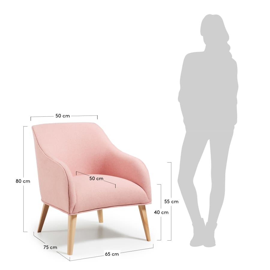 Bobly armchair in pink with wooden legs with natural finish