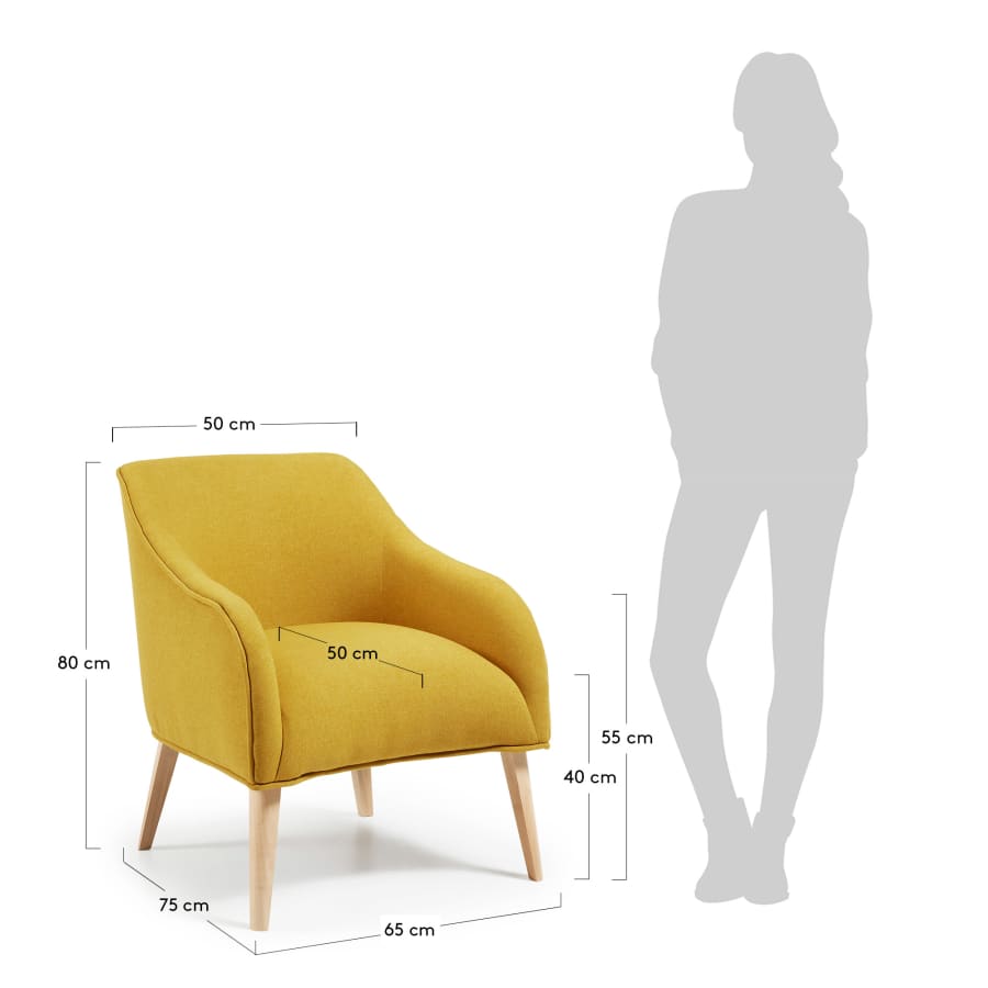Fauteuil Bobly jaune moutarde et pieds en bois avec finition naturelle