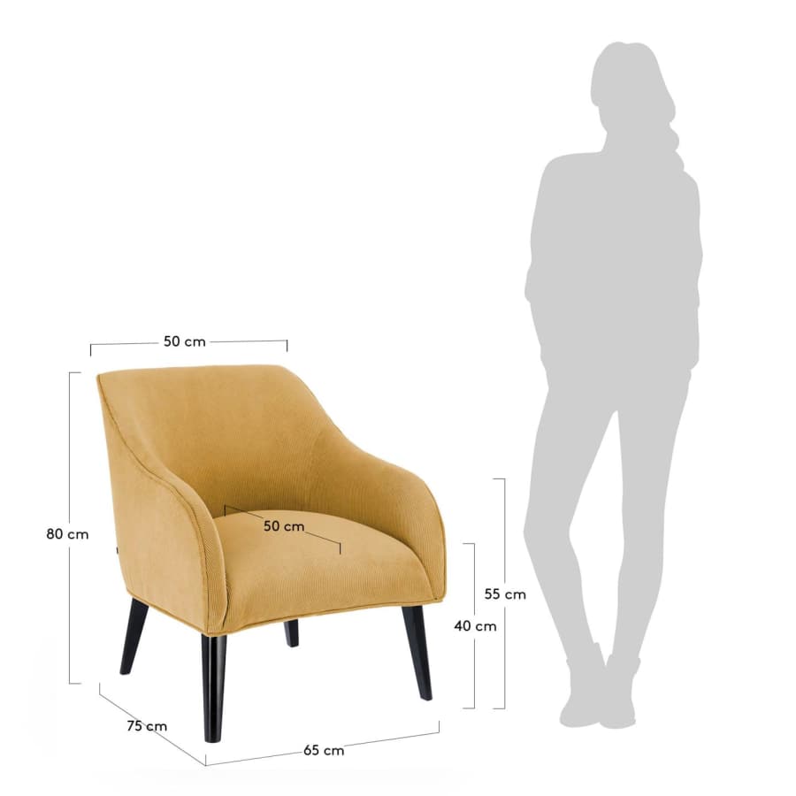 Sessel Bobly Cord senffarben Beine mit Wenge-Finish