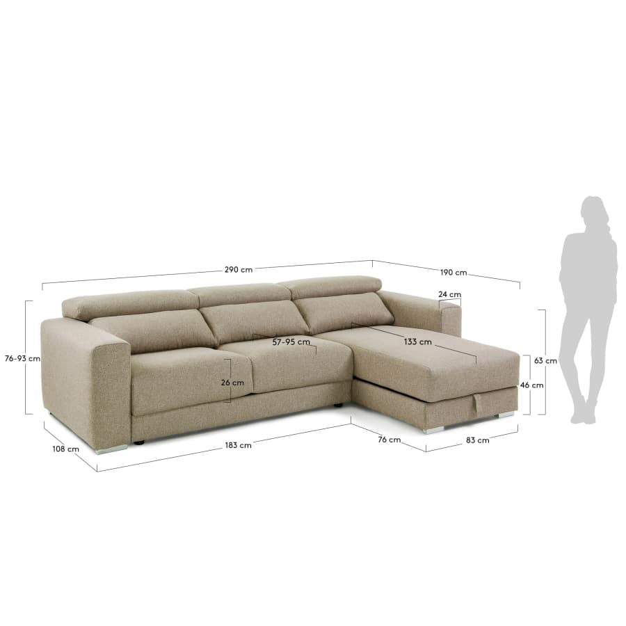 Atlanta 3 seater sofa with chaise longue in beige, 290 cm