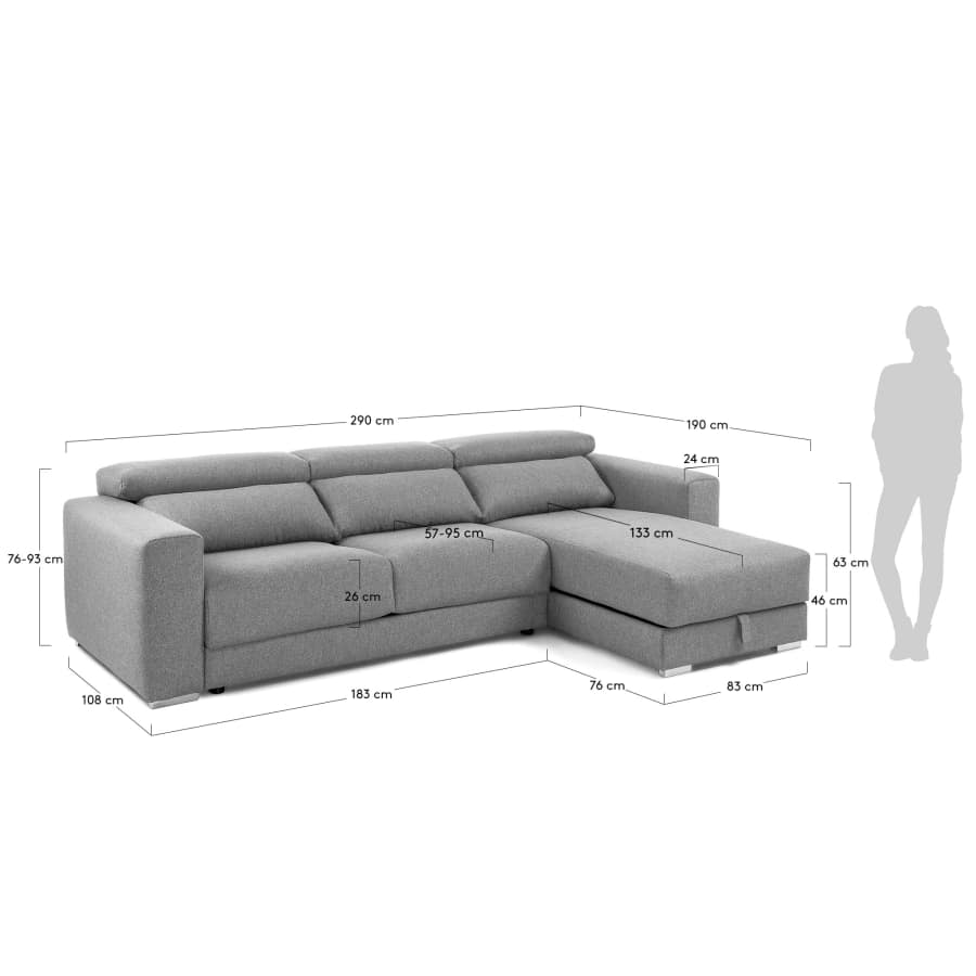 Atlanta 3 seater sofa with chaise longue in light grey, 290 cm