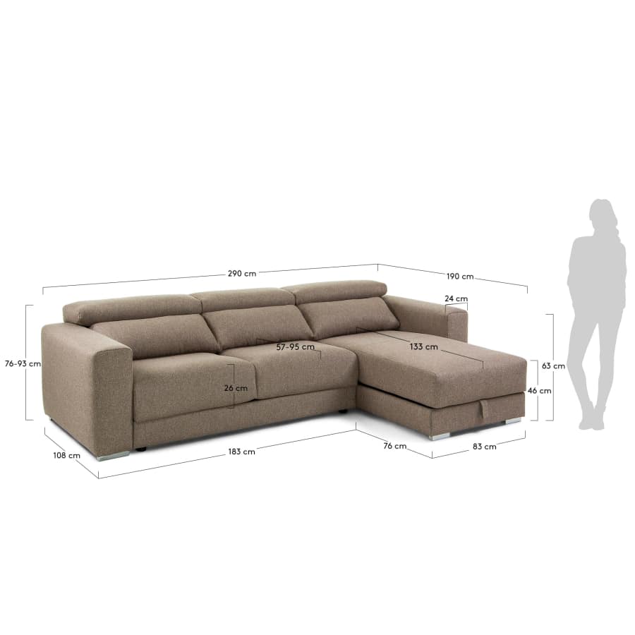 Atlanta 3 seater sofa with chaise longue in brown, 290 cm