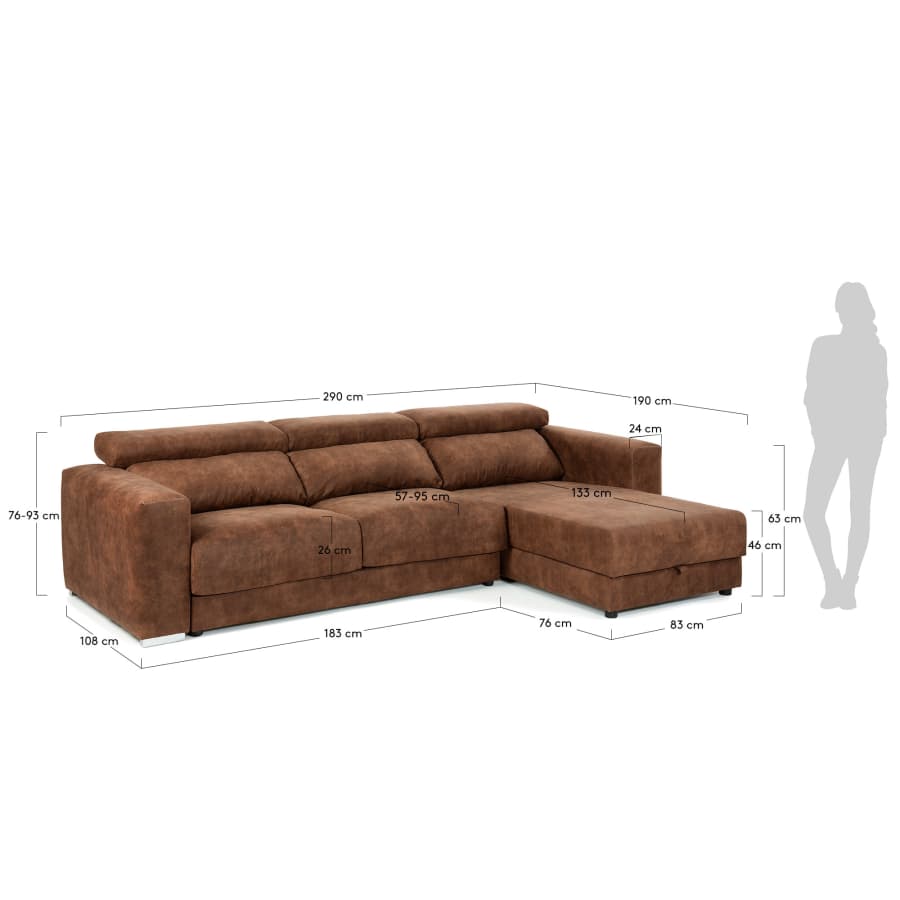 Rust brown 3-seater Atlanta sofa with chaise longue 290 cm