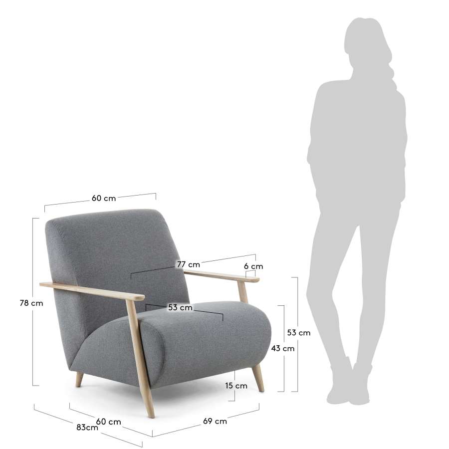 Meghan armchair in grey with solid ash legs with natural finish