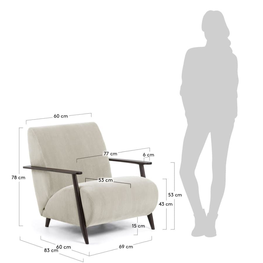 Meghan armchair in beige corduroy with solid ash legs in a wenge finish