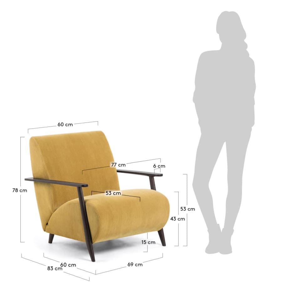 Meghan armchair in mustard corduroy with solid ash legs with wenge finish