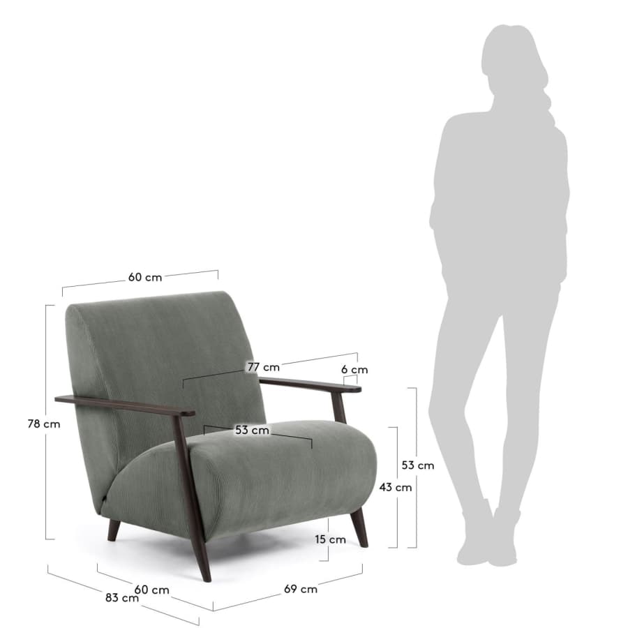 Meghan armchair in dark grey corduroy with solid ash legs with wenge finish