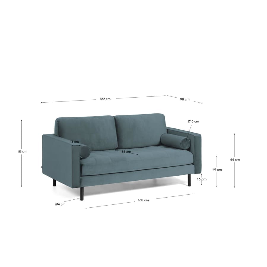 Debra 2 seater sofa in turquoise velvet, 182 cm