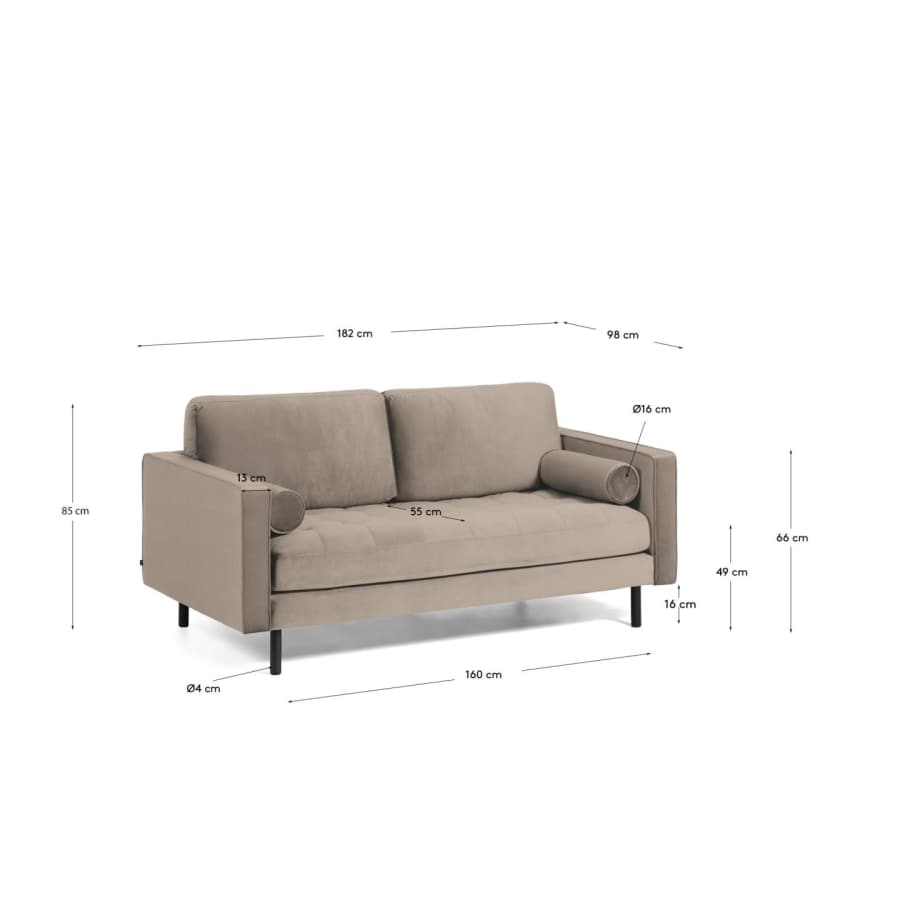 Debra 2 seater sofa in beige velvet, 182 cm