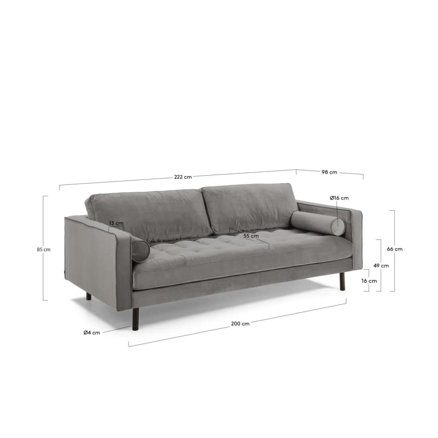 Debra 3 seater sofa in grey velvet, 220 cm